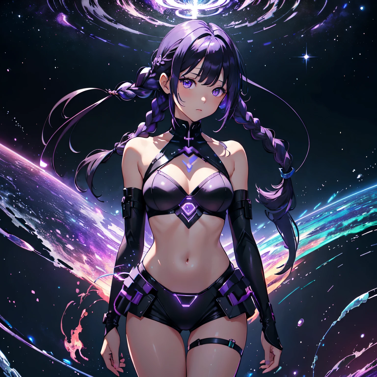 1girl in foreground suspended in dark water, sinking, long black hair, glowing orange eyes, expressive eyes, anime eyes, pale skin, purple lips, NUDE!!! bio-mechanical body(neon detailechanical skin(intricate detail), cyborg, cybernetics, (eroticism), prosthetic limbs(LED elements), arms up, armpits, from below, eldritch ambience, iridescent bubbles, chiaroscuro, (absurdes), (ultrasharp), (masterpiece), (best quality), (8k), (uhd), (highres), (hyper detailed), (lush detail), under water environment background, night, dark tentacles(neon pink details), alien reef, schools of shimmering fish, rays of light, light diffraction on surfaces, dark dither at the edges,