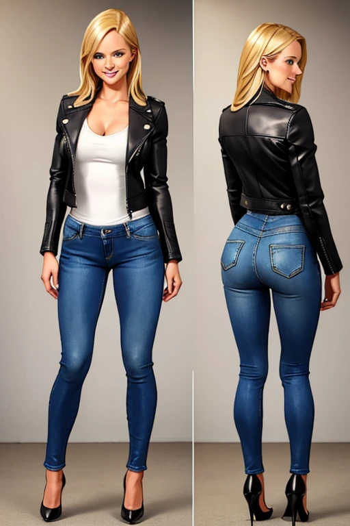 (full body:1.4). Beautiful 25 yo woman of Nordic descent. Natural blonde, blue eyes, sexy fit figure, natural breasts, shapely toned legs, perfect ass,(smile:1.1), Leather jacket, lace top, skinny jeans, high heels.