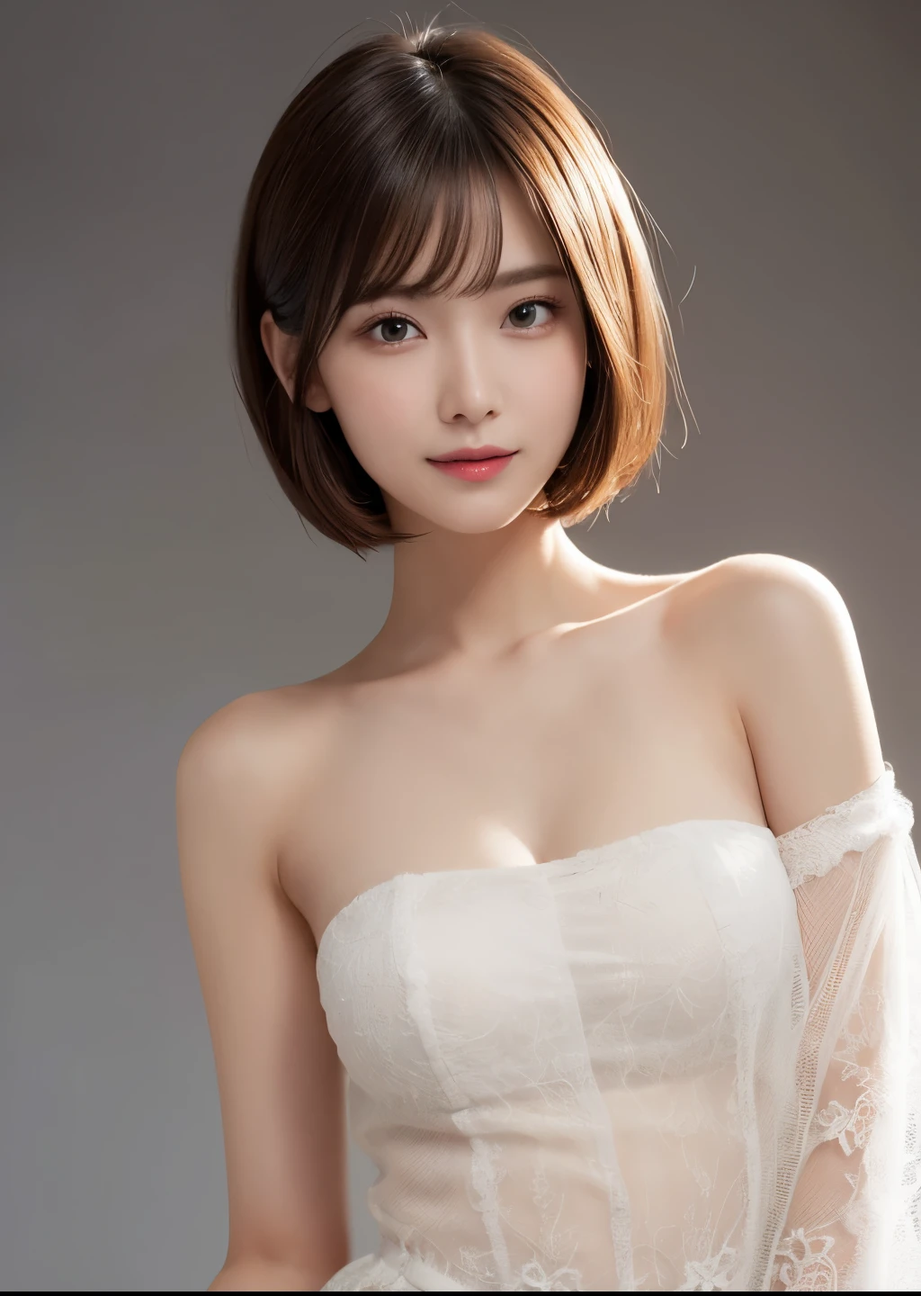 One Girl, makeup:1.3、Showing bare armpits:1.7、Small, flat chest:1.8、Eyeshadow 1.3、Blonde mesh bob cut:1.5、(Wear trendy fashion:1.2), (RAW Photos, highest quality), (Realistic, Realistic:1.4), Tabletop, Very delicate and beautiful, Very detailed, 2k wallpaper, wonderful, In detail, Very detailedな CG Unity 8K 壁紙, Very detailedな, High resolution, Soft Light, Beautiful detailed girl, Looking into the camera、Very detailedな目と顔, Beautiful and detailed nose, Beautiful details, short hair, small, Milky white sheer strapless dress:1.6、No underwear:1.7、Gray background、The background is gray、Cinema Lighting, Perfect Anatomy, Slender body, smile, 