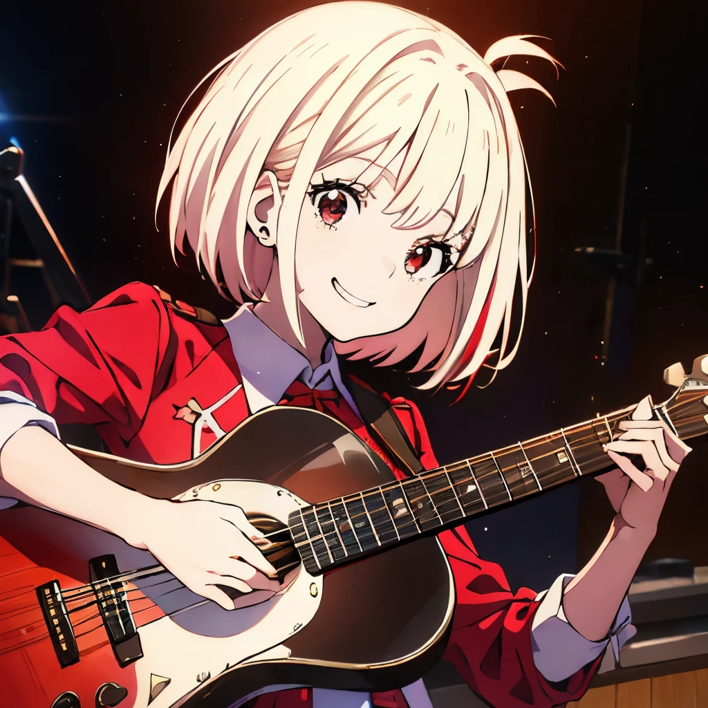 Masterpiece、(((1 person)))、Short Hair、Nishikigi Sensoku、Blonde、Red ribbon、Red Eyes、smile、Upper Body、Red Uniform、(((With a guitar)))、Live Stage