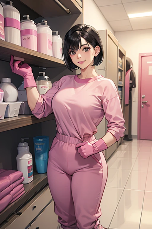 A muscular mature woman with short black hair, wearing long sleeves, long pants, gym clothes and white rubber boots, smiling while trying on large pink rubber gloves in front of the cleaning supplies cupboard in the bathroom