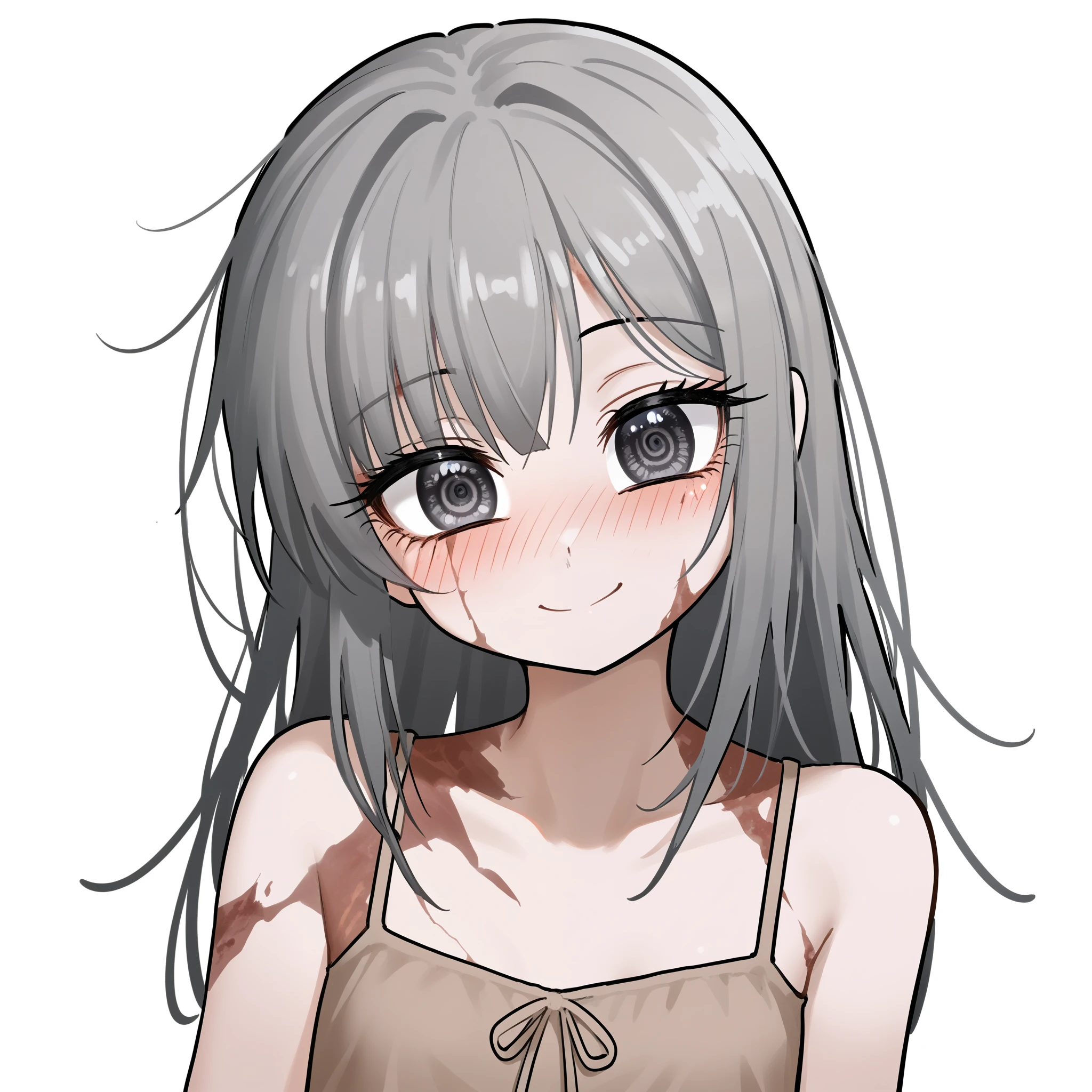 (score_9, score_8_up, score_7_up), 1girl, solo, small breasts, dark gray hair, long hair, black eyes, scars, burn scars, small smile, cute smile, blushing, head tilt, watery eyes, brown dress, sundress, upper body, portrait, white background, simple background