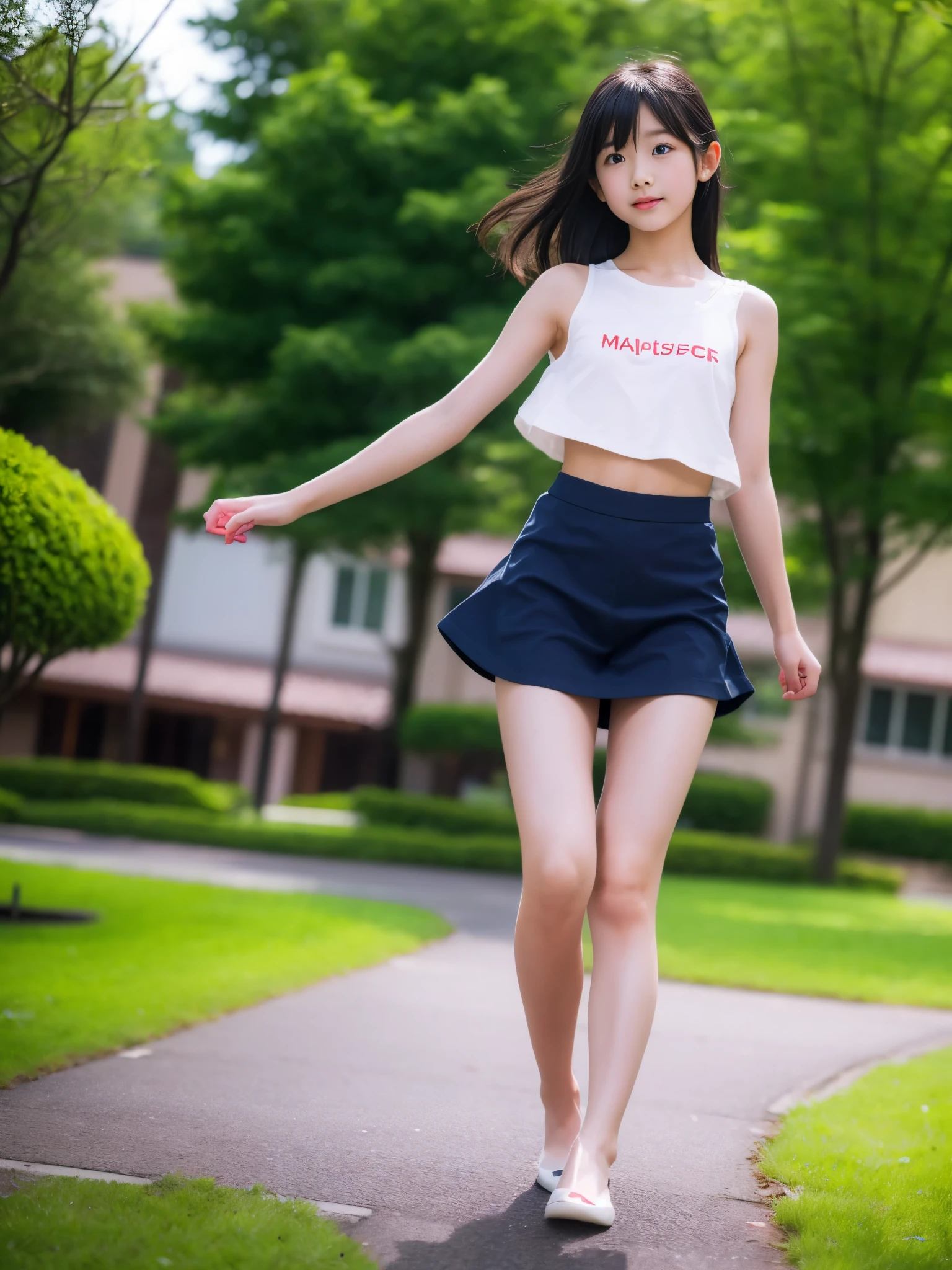 (masterpiece, highest quality:1.4), Award-winning portraits, 8k, 85mm, alone, Beautiful Face, Delicate girl,  (Cheerleader、On the grass), Sophisticated, cute, 15 years old, RAW Photos, Confused, High resolution, Sharp focus, Background Blur、(((flat  、thin and delicate body、Childish atmosphere)))、shiny semi-long hair、Mole on the left cheek、 Dark blue eyes、the skirt is swaying in the wind、Hair swaying in the wind、sexy、flexible legs、naked