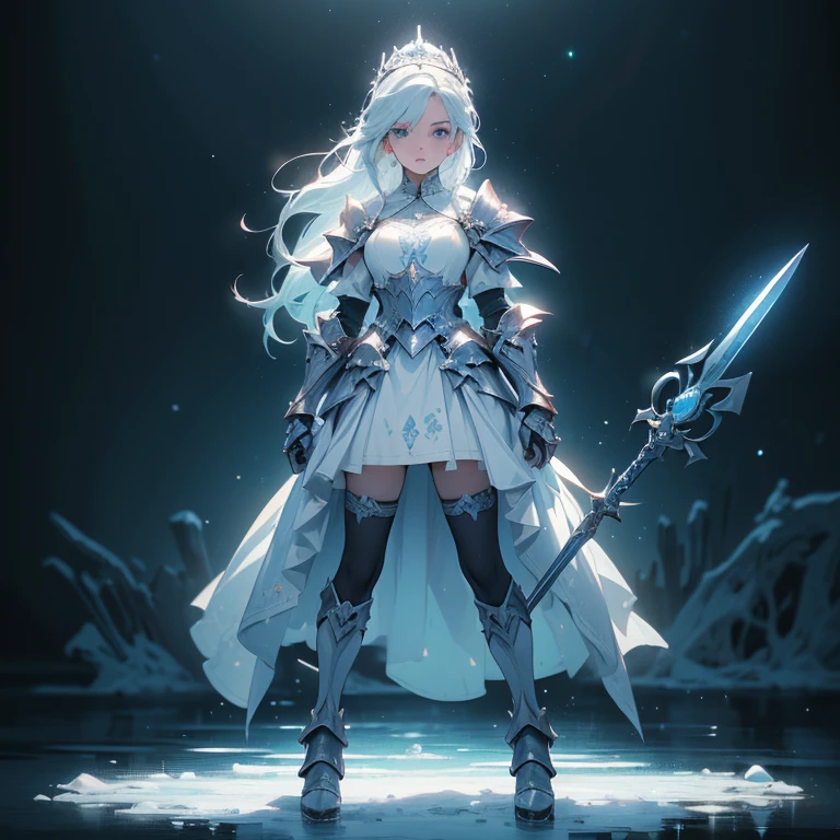 (((masterpiece, best quality, high detailed, 8k))) Design a layout showcase Gaming character, (1girl). Blue|White clothes, stylish and unique. ((showcase weapon:1.4)), ice spear. (masterpiece:1.2), (best quality), 4k, ultra-detailed. (Step by step design, layout art:1.5), (luminous lighting, atmospheric lighting). ice queen, ((glove full hands)), (((revealing clothes:1.3))), vambraces, armored legwear, (((full_body_shot:1.4))). {On a frozen lake}.