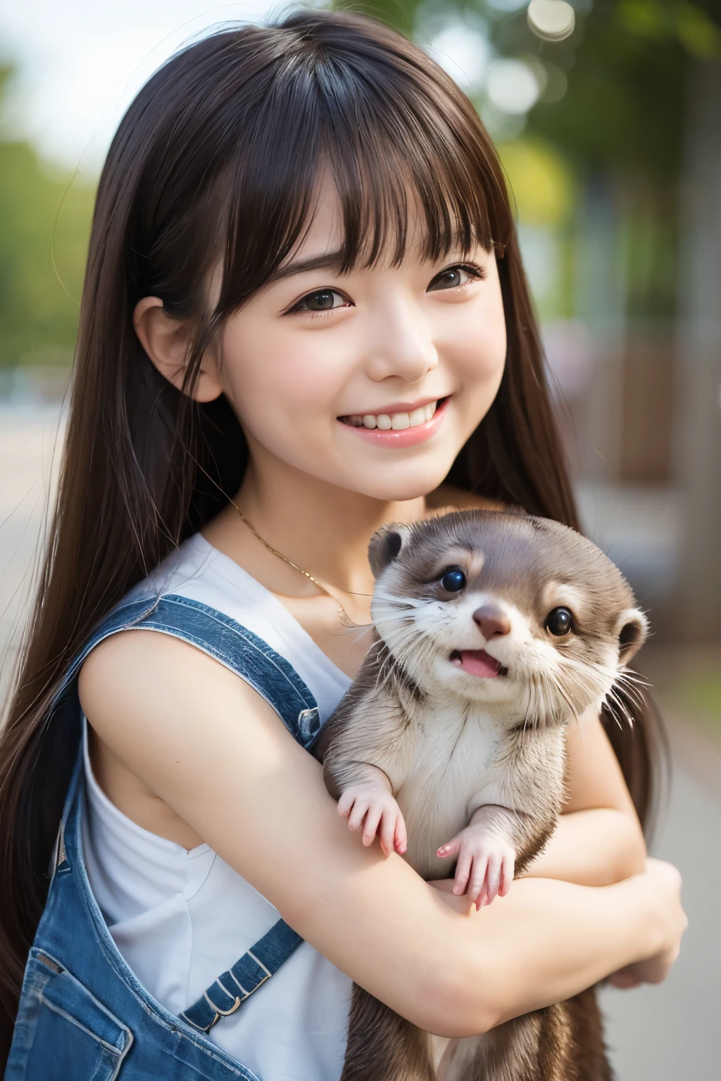 Photorealistic、Chibi Girl Doll(Playing with an otter、Laughter)