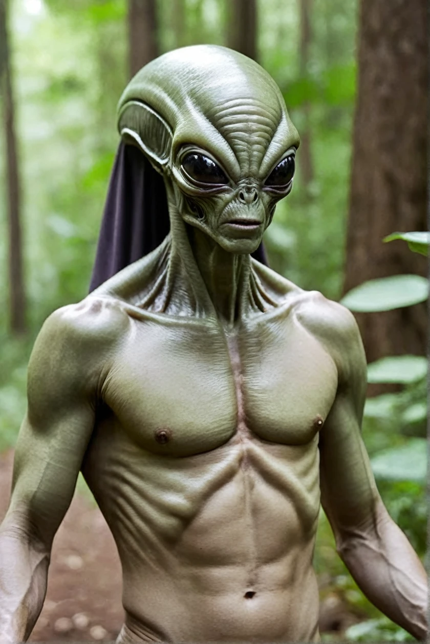 Homem sendo abdusido por aliens em uma floresta