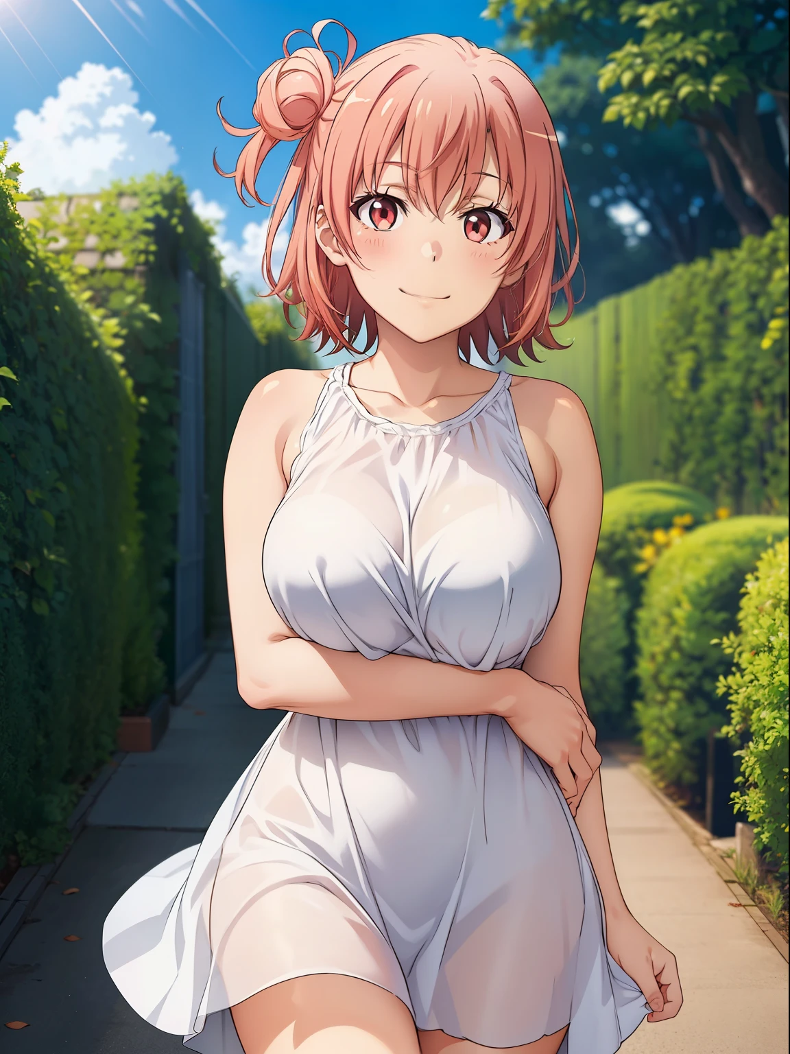 ((masutepiece, Best Quality, hight resolution, nffsw, Perfect Pixel, depth of fields, 4K, )), 1girl in, Solo, , Beautiful anime girl, Beautiful Art Style, 
close up, Looking at Viewer, 
Perfect body,  

Yuigahama Yui,  Short hair, pink hair, (large boob), 

Full face blush, Smile,  
thighs thighs thighs thighs, 
White Dress,  
Summer, Sunshine, 
Leading Ahead, hugging, Cowboy Shot, Focus,