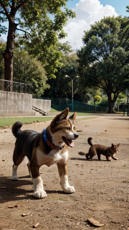 [Imagens de um cachorro e um gato brincando em um parque]

