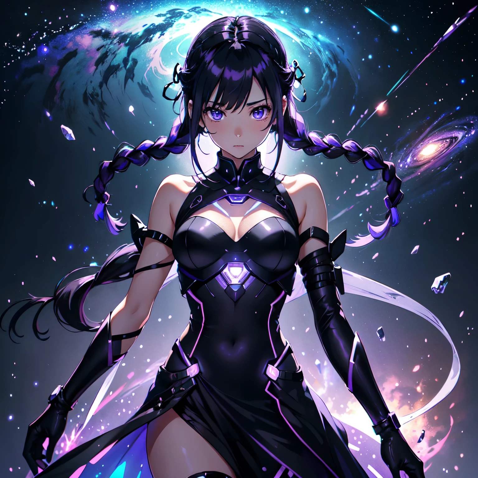Draw two girls、(The heroine is a girl with purple-white gradient twin long braided hair and her partner is a girl with black bob hair:1.4)、(The heroine is inside a transparent artificial womb.、Natural standing posture)、(Numerous digital wires connect the girl from the uterus、Glowing Wiring、Wiring is as follows:々It emits a variety of colors.)、highest quality、8k、 High resolutionアート、High resolution、Very detailed、Cyber Space、meteor、milky way、nebula、chiffon、Backlight、amazing splash、 Sparkling、Dazzling Light、