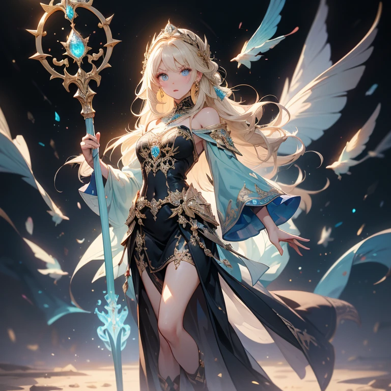 A stunning artwork of a majestic female character standing in an enchanting, mystical landscape. The full-body view showcases her in stylish and unique clothes of gold and purple, exuding an aura of elegance and power. Her long, flowing golden hair frames a face of regal beauty, highlighted by light blue eyes that radiate wisdom and an otherworldly charm. She holds a magic staff, intricately designed and glowing with mystical energy, adding to her majestic presence.