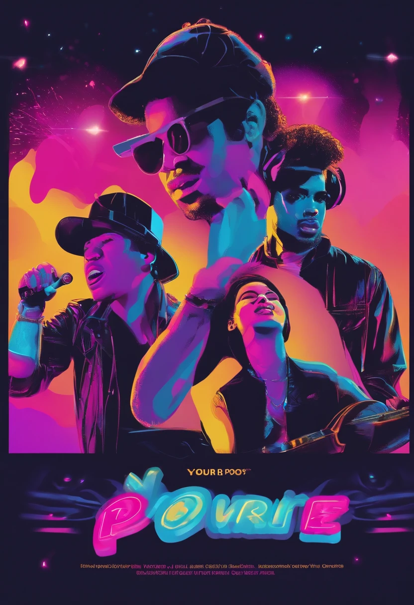 Crie um banner vibrante e chamativo para um canal de YouTube chamado 'PopVibe,&#39; which reflects the energy and dynamism of the pop genre. Use cores vivas como rosa, roxo e azul neon para criar um visual atraente. Include music icons, como notas musicais e microfones, as well as silhouettes of people dancing to convey a sense of movement and fun. O texto 'PopVibe' deve estar em uma fonte moderna e estilizada, destacando-se claramente. Abaixo do nome do canal, inclua a tagline 'Your Pop Music Haven' em uma fonte complementar, mas igualmente estilizada. O design geral deve ser coeso, energetic and capable of capturing the attention of pop music lovers.