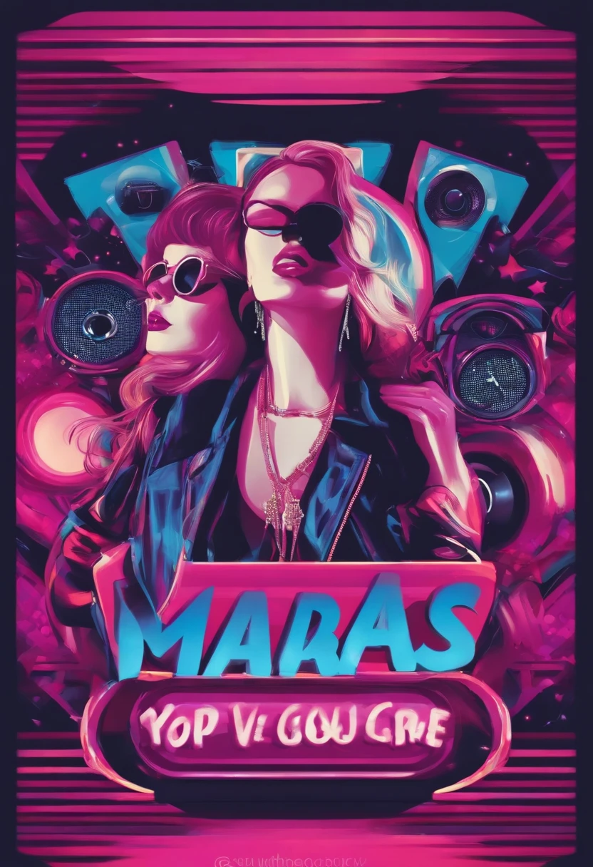 Crie um banner vibrante e chamativo para um canal de YouTube chamado 'PopVibe,' which reflects the energy and dynamism of the pop genre. Use cores vivas como rosa, roxo e azul neon para criar um visual atraente. Include music icons, como notas musicais e microfones, as well as silhouettes of people dancing to convey a sense of movement and fun. O texto 'PopVibe' deve estar em uma fonte moderna e estilizada, destacando-se claramente. Abaixo do nome do canal, inclua a tagline 'Your Pop Music Haven' em uma fonte complementar, mas igualmente estilizada. O design geral deve ser coeso, energetic and capable of capturing the attention of pop music lovers.