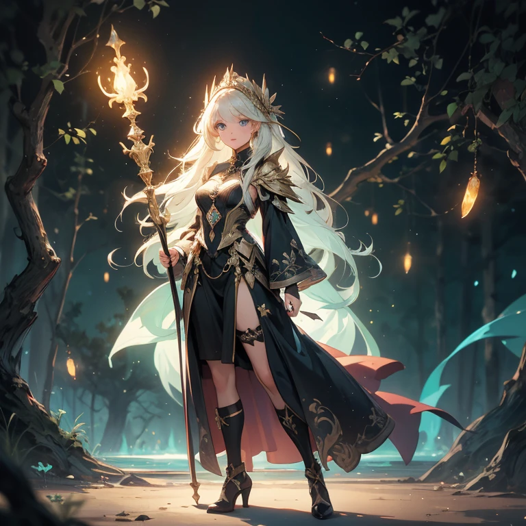 A stunning artwork of a majestic female character standing in an enchanting, mystical landscape. The full-body view showcases her in stylish and unique clothes of gold and purple, exuding an aura of elegance and power. Her long, flowing golden hair frames a face of regal beauty, highlighted by light blue eyes that radiate wisdom and an otherworldly charm. She holds a magic staff, intricately designed and glowing with mystical energy, adding to her majestic presence.
The scenery around her is a fantastical forest bathed in twilight, with towering ancient trees and luminescent flora. A serene river flows nearby, reflecting the soft glow of a setting sun. Fireflies and ethereal lights float in the air, enhancing the magical atmosphere of this tranquil setting.