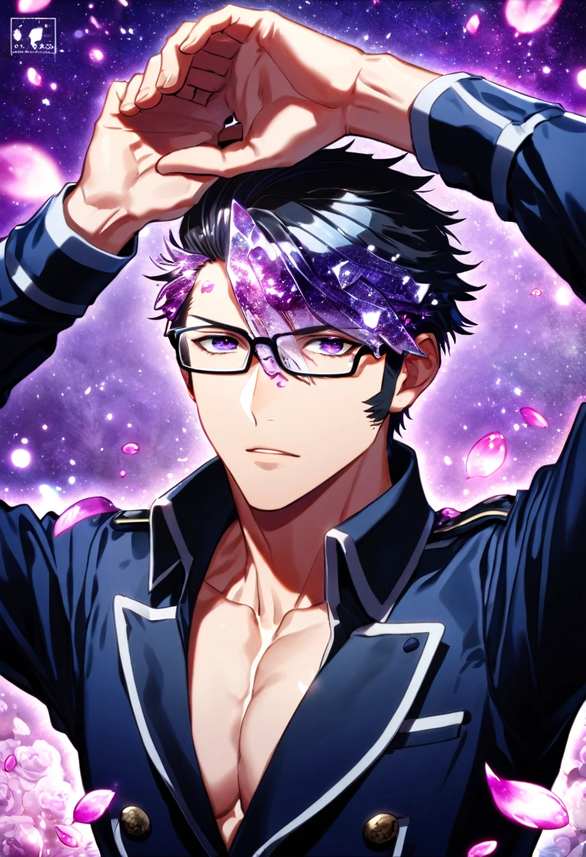absurdres, highres, ultra detailed, HDR, master piece, best quality, Munakata Reisi, messy dark blue-black tinted hair that is parted to the left over his face, long sideburns, expressive purple eyes, K Project, glasses without frames, solo, sexy man, handsome, toned chest, dark blue military clothes, magical, fantasy, purple background, purple roses, shining, purple petals, purple glittering fireflies