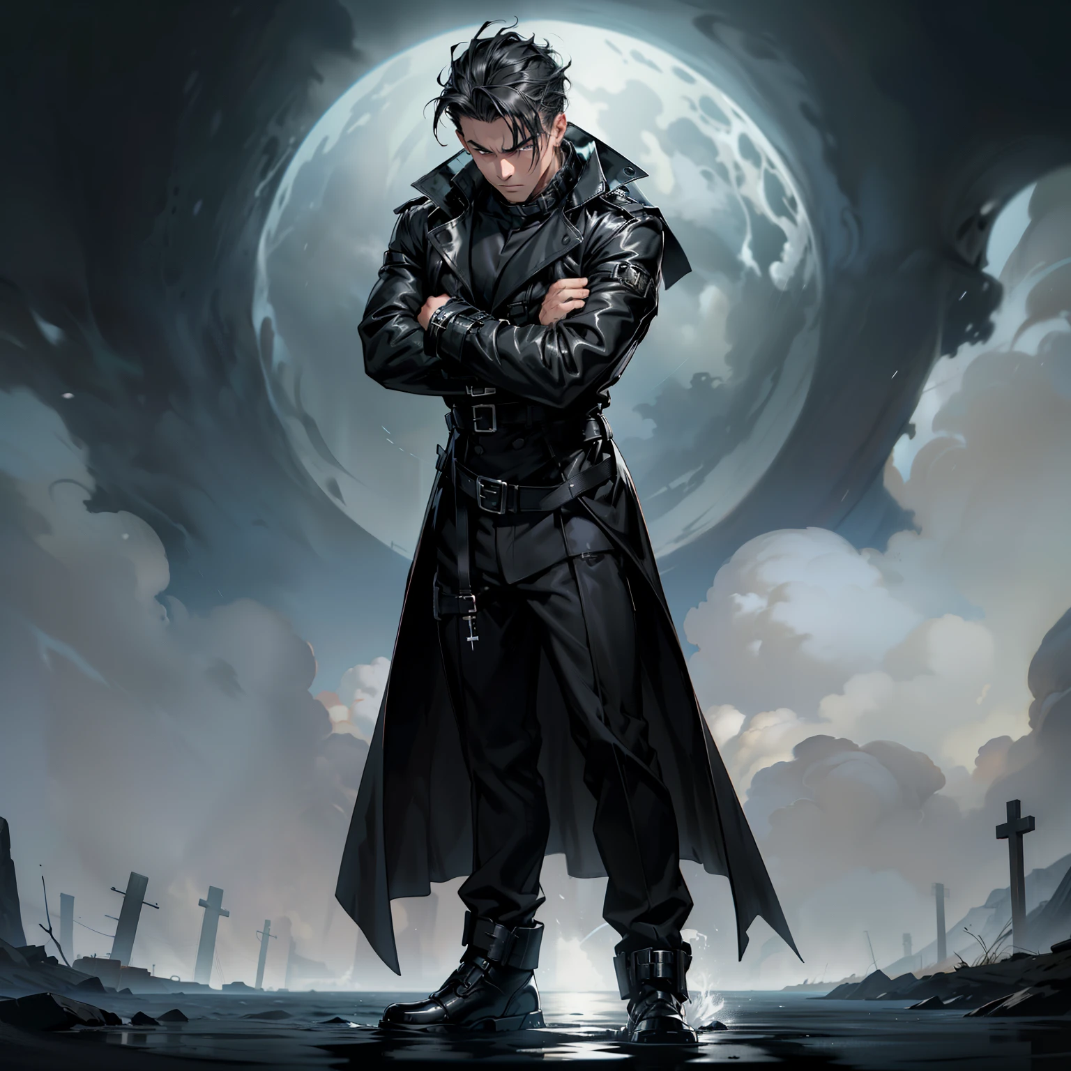 boys 26 Years old, Serious face, muscular, slick back long hair, wearing ((black long lather trench coat, high collar)), (round neck white shirts), ((black trousers)), high cut boots, ((hands cross on chest)), standing on ocean, stormy weather