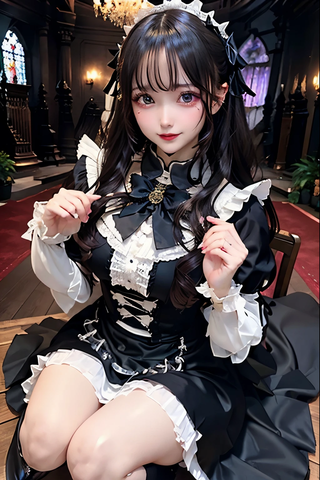 ハードDark Gothicメイク、Deep Night Sky、Horror、Black dark eyeshadow、sad、Good skin radiance、Dark Gothicメイク、Dark smile、palace、24-years-old、Embarrassed look、Dark Gothic、Obscene language、highest quality、Drunk face、紫のMaid clothes、Mysterious、Noble、sexy、Loving smile、Right blue eye, Left eye is red、Platform Heel Shoes、Heavy makeup、Gothic Lolita Clothing、A little slimmer、Silver Hair、Long Hair Straight Hair、Cute Gothic Lolita Dress、Beautiful Face、elegant features、Fascinating face、Stained glassが背景、Chest glistening with sweat、The room is dark、gothic long dress、Bell Sleeves、Wizard Sleeve、Decadent look、Sexually excited expression、Glossy thighs wet with water、Thighs that are wet and shiny with oil、Background of a room full of roses、The embroidery is pink、The dress has pink embroidery、Thigh-high socks、Knee-high socks、Gentle expression、Dark black eyeshadow、Stained glassと薔薇背景、Female Duo、Female couple、dark church background、Stained glass、Black metal world、Dark Castle、Slender body、gothic long dress、Maid clothes、Victorian dresses、Her thighs glisten with sweat、My body is wet and shiny、Lots of glitter on the thighs、My thighs are sticky from sweating、Sweat glistens on the thighs, The whole body is sweaty and shiny、Quite sweaty、My thighs are sweaty、My thighs are so wet、My thighs are shining with sweat、A lot of sweat glistens all over the body、Small breasts、Orchestra StageStage、Dynamic Angle、Sitting in a chair、Gothic chair、Play the violin gracefully、With a violin、Press the violin strings、rubbing the violin strings、violinist、orchestra performance、Thin thighs、