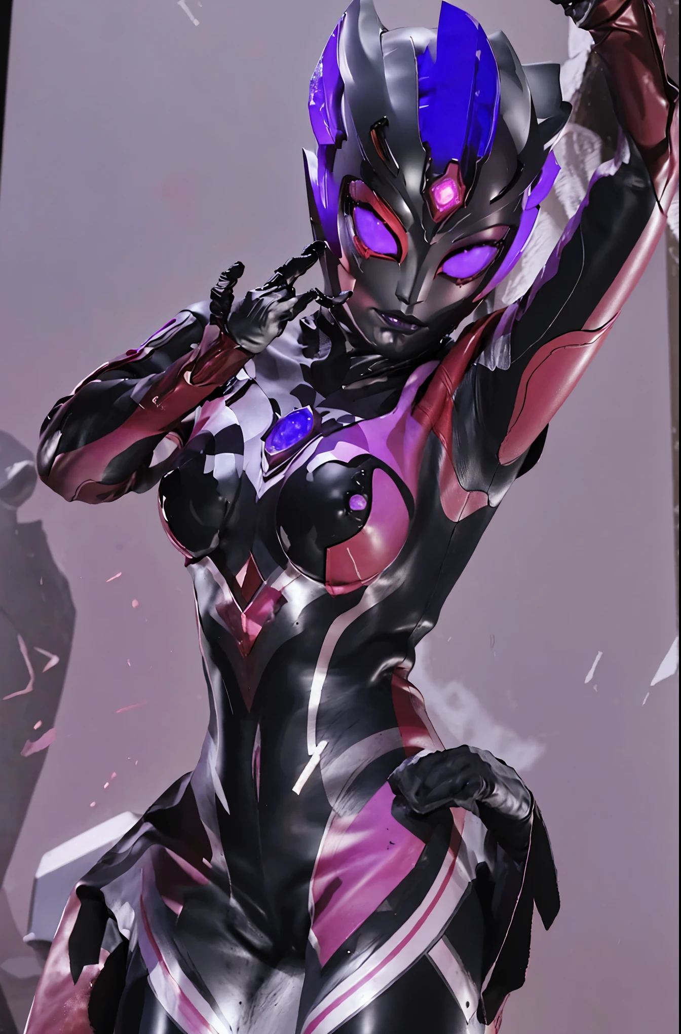 Ultraman Woman. (high quality)(luster)((Black Face and red eyeline))(Black and purple thema color)women only. The whole body is covered with a black bodysuit. Spike decoration. Pink lines all over the body. Heart tattoo . purple coloreye. pink glow crystal. Lift both hands. pink sharp claw. Turn around pose. buttocks. Night background.