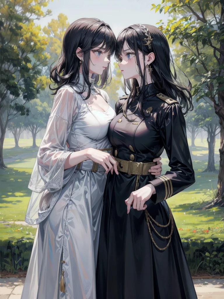 absurdres, RAW photo, extremely delicate and beautiful, masterpiece, Best Quality, ultra high resolution, 32k, hyperrealistic, ultra-detailed, detailed description, perfect anatomy, pale skin, 20 years old, detailed beautiful face and eyes, tearful mole, earring, short medium hair, wavy hair, whole body shot, colossal tits, ((yuri)), (((2 girls))), ((military uniform)), outdoors,