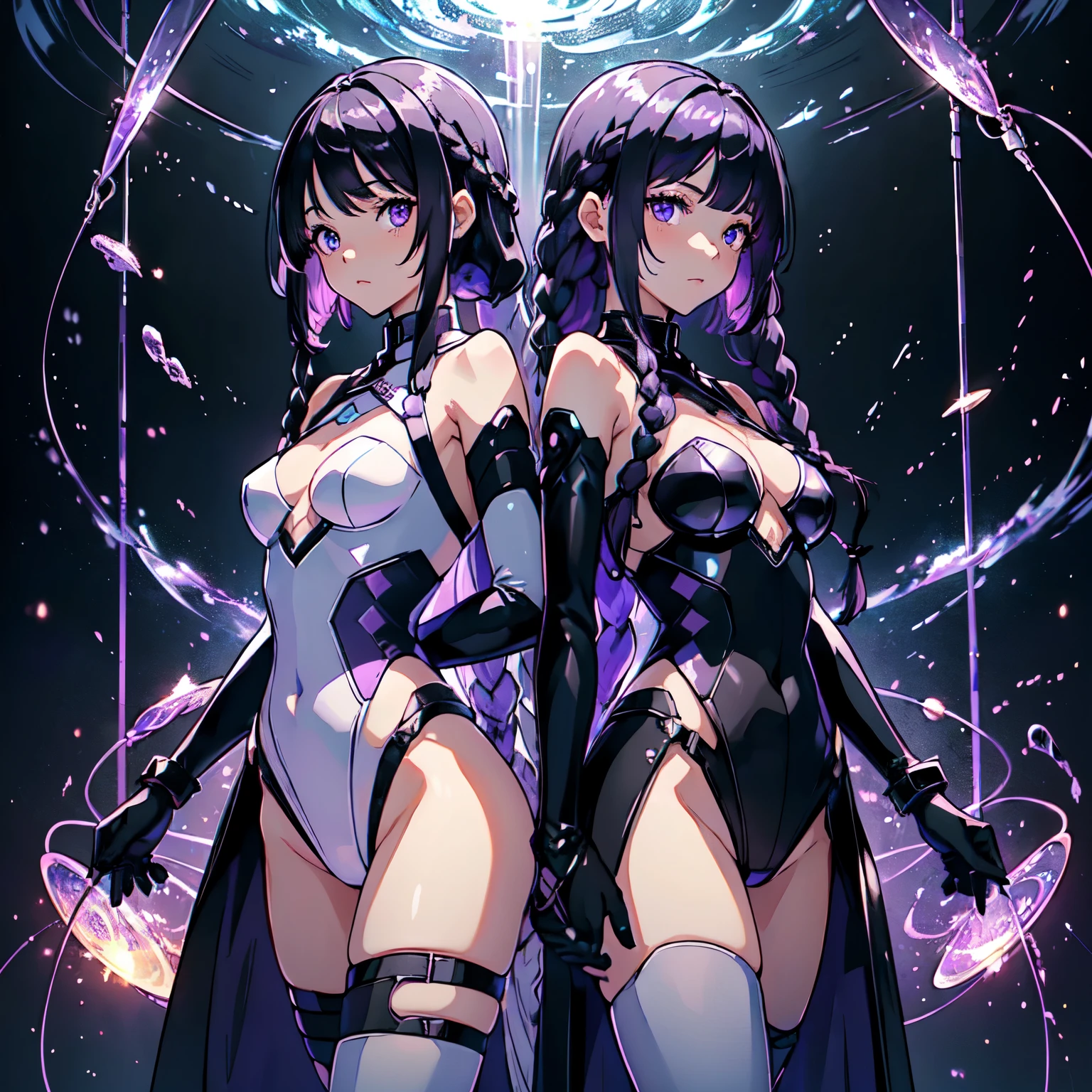 Draw two girls、(The heroine is a girl with purple-white gradient twin long braided hair and her partner is a girl with black bob hair:1.4)、(The heroine is inside a transparent artificial womb.、Natural standing posture)、(Numerous digital wires connect the girl from the uterus、Glowing Wiring、Wiring is as follows:々It emits a variety of colors.)、highest quality、8k、 High resolutionアート、High resolution、Very detailed、Cyber Space、meteor、milky way、nebula、chiffon、Backlight、amazing splash、 Sparkling、Dazzling Light、