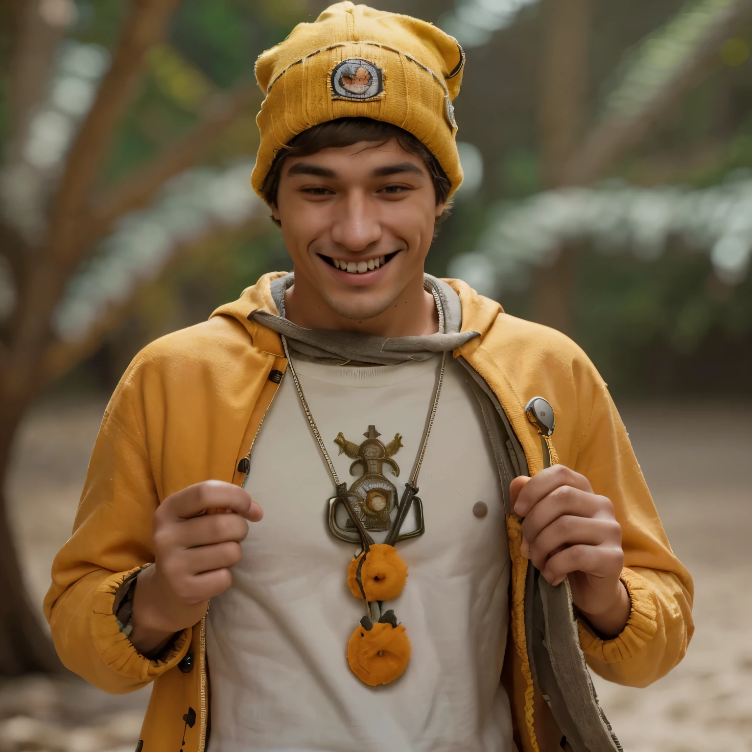 A young man smiling with cell phone in hand, com roupas de cor laranja com detalhes brancos, cabelos castalhos claros medios, com gorro de orelha de raposa, 4K, alta qualidade, Realista, cinematografico
