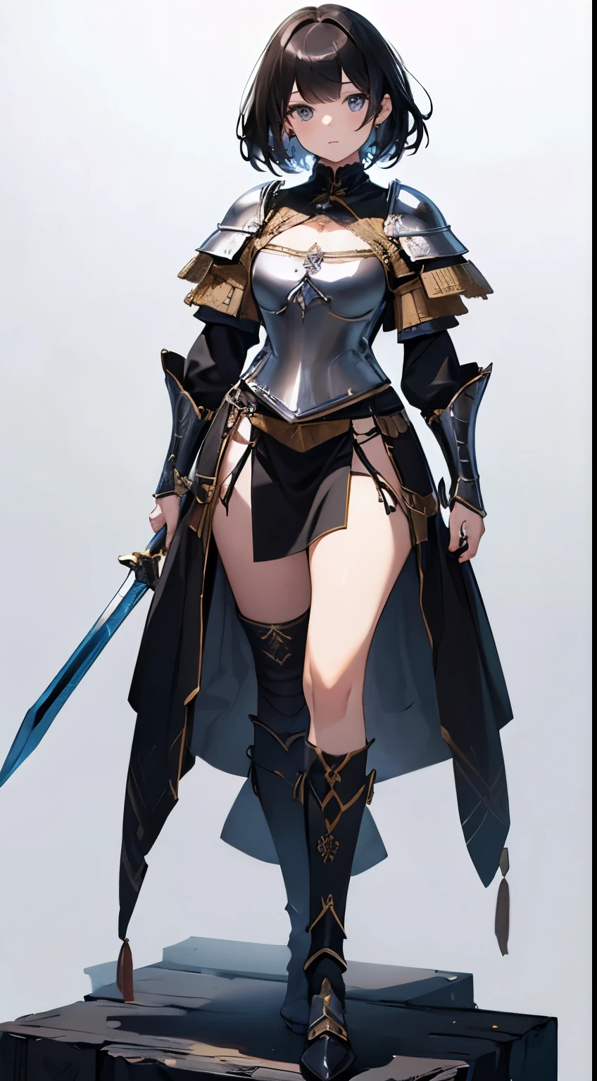 Solo,Absurd resolution、hight resolution、(masterpiece:1.4)、ultra-detailliert、(Detailed finger),(One girl)、Beautiful detailed girl、A detailed face、clear and beautiful, Character as the main point of view, Radiant skin, Girls, femele, young, (Dark hair),(short hair),(Black hair),(Black eyes)kawaii、Beautiful face、beautiful eyes,((Knights))、Fantasy costume,Original Character,((Wearing armor)),((Costumes of medieval Europe)), (thighs thighs thighs thighs:0.1),(Facing:1.2),(Full body portrait),(Standing:1.3),(shoes on),Simple background、((white background)), Female Warrior, holding sword