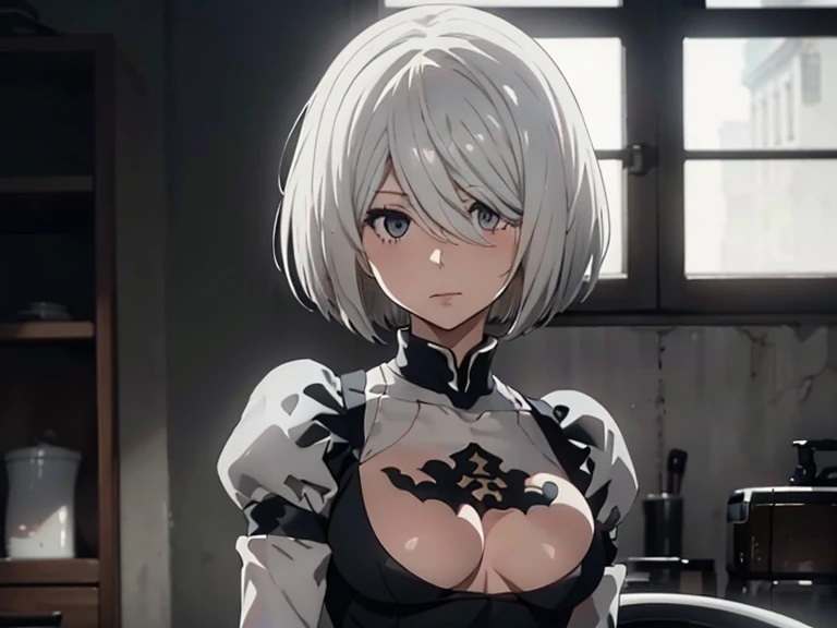 Yorha 2B,
Real Doll,Figure-like skin,White skin,
White uniform,Black apron,
Bob cut hair,Silver Hair,White eyes,
tall,Small breasts,Lower milk exposed,Looking down,Upright posture,from the front,

Depict the whole body,The light shines through,one&#39;s home,indoor,Room cleaning,Holding a broom,
Beautiful image quality,Delicate shades,4K,