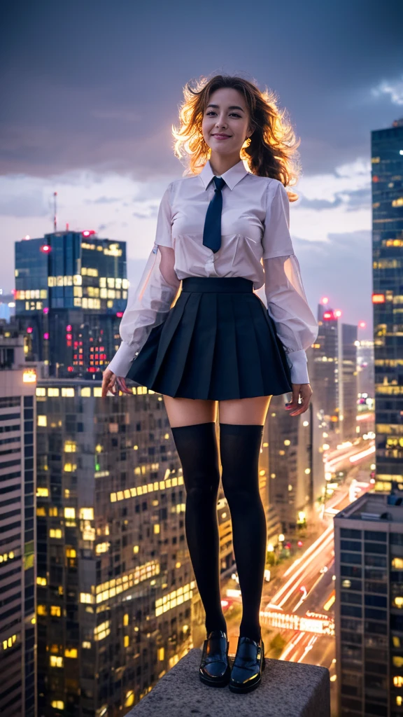 Different world、In a futuristic cityscape at night, neon lights illuminate the sprawling metropolis, with towering skyscrapers and airborne vehicles like hover bikes and flying cars zipping through the sky. In one corner of the city lies a secret laboratory where a mad scientist conducts bizarre experiments.masterpiece,best quality,ultra detailed,highres,high-resolution,4k,realistic,RAW photo,((real person)),portrait photography,photorealistic,detailed skin,(delicate black eyes ), A soothing woman with sagging eyes,Calm and calm, middle hair,skinny,clothing,The wind is blowing,tareme、Short shirts、(gigantic breasts)、White shirt、(Micro mini skirt)、Low rise、Above the knee socks、Beautiful belly button、False eyelashes、ニーKnee-high socks、((Twin tails))、Curly Hair、Beautiful décolleté、Short tie、Brown Hair、Glamour、Model pose、smile、I can see her cleavage、Full Body Shot、Spotlight、Knee-high socks、Under the skirt、Looking down on the city from the sky、Flying in the sky
