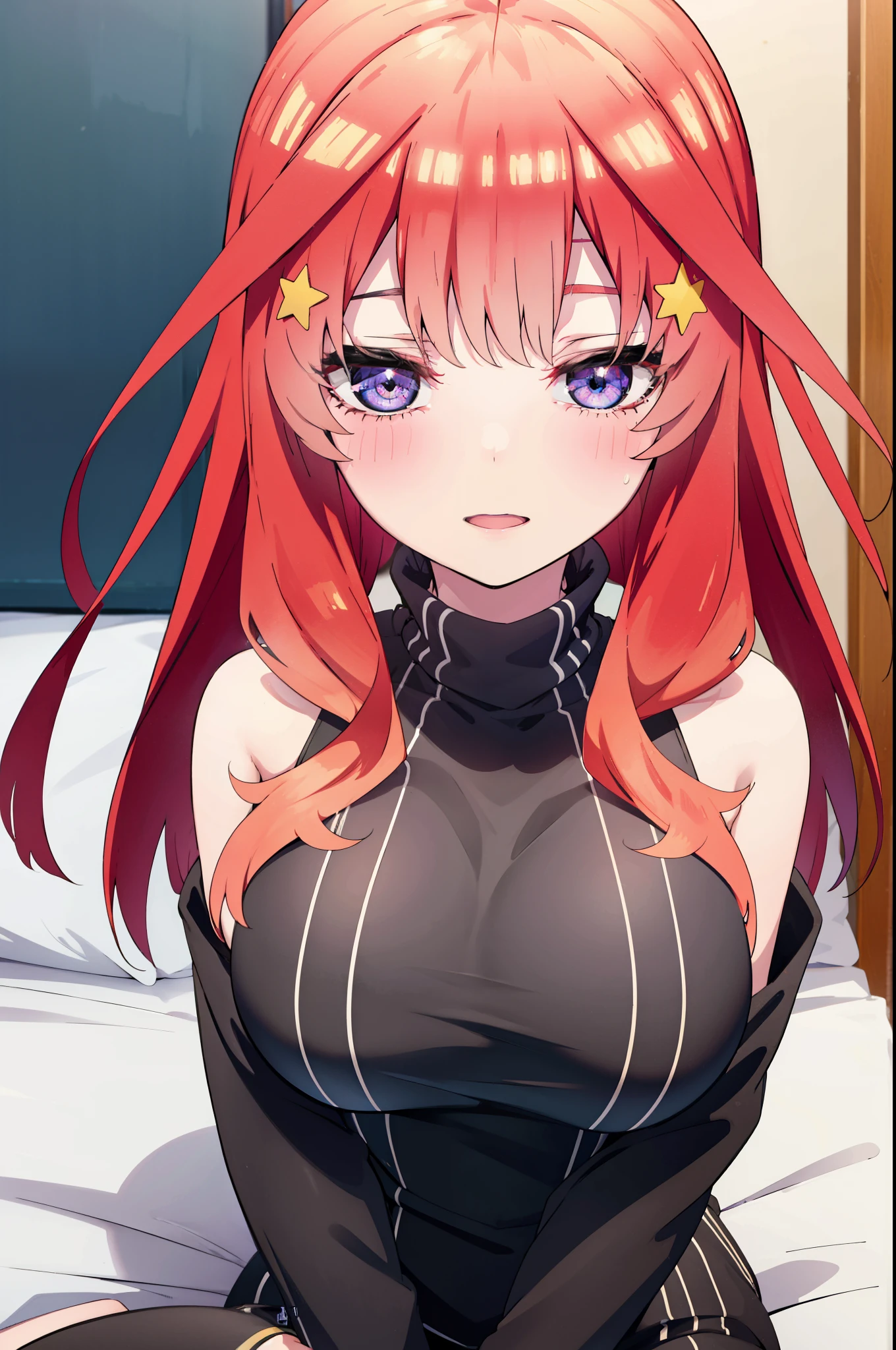 itsukinakano, Itsuki Nakano, bangs, blue eyes, Hair between the eyes, Ahoge, Redhead, star \(symbol\), hair ornaments, Big Breasts,star hair ornaments,smile,Open your mouth,Virgin Killer Sweater Dress, Sleeveless turtleneck, Side bust, Nipple slip, Pink Sweater,Black pantyhose,Sitting on the bed,
break indoors, Bedroom, break looking at viewer, So that the whole body goes into the illustration, break (masterpiece:1.2), highest quality, High resolution, unity 8k wallpaper, (shape:0.8), (Beautiful details:1.6), Highly detailed face, Perfect lighting, Highly detailed CG, (Perfect hands, Perfect Anatomy),