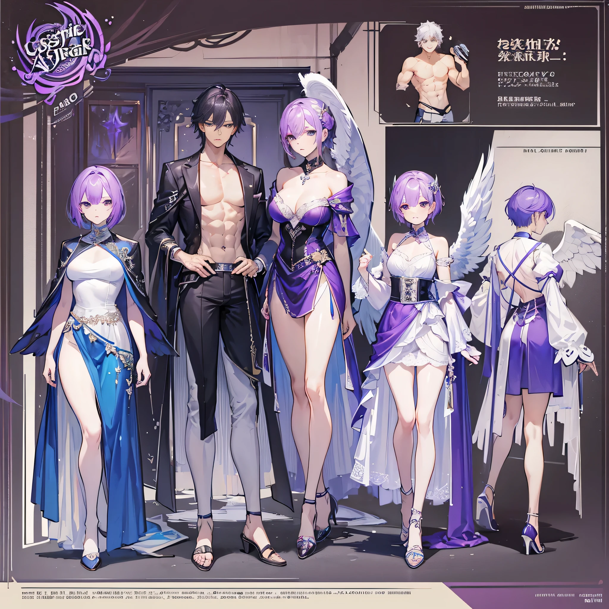 ((Masterpiece, Highest quality)), (Masterpiece, best quality), detailed, 1 Male, ((character concept art)), ((character design sheet, same character, front, side, back)),1 Male, 1 Man, Detailed face, character design sheet,full bodyesbian, Highly detailed, character sheet, character design, Many parts, dark skin, angel wings, short purple hair, angel outfit, masculine, muscle man, male muscle, manly male, manly man, male angel, manly angel, Muscle male with purple short hair,handsome man, male angel , man tall, abs, pectoral muscle