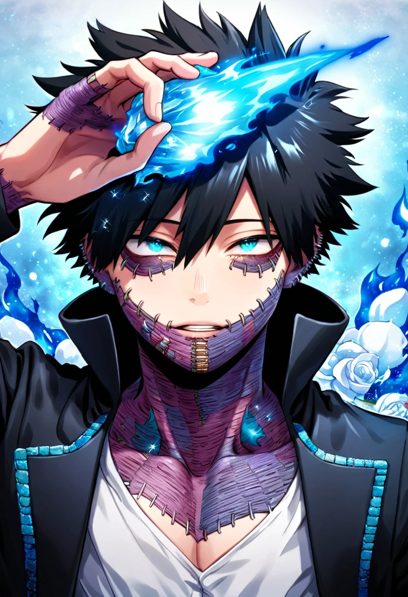 absurdres, highres, ultra detailed, HDR, master piece, best quality, Dabi, black hair spiked around his head, expressive turquoise eyes, Boku no hero academia, solo, sexy man, handsome, magical, fantasy, black coat with high collar, white shirt, blue flames background, blue roses, shining, blue petals, blue glittering fireflies, blue fire
