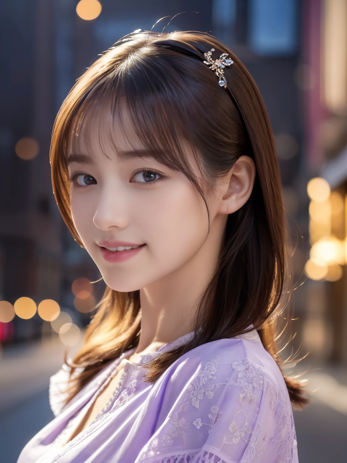 1 girl,(Wearing a lilac blouse:1.2),(RAW Photos, highest quality), (Realistic, Photorealistic:1.4), Tabletop, Very delicate and beautiful, Very detailed, 2k wallpaper, wonderful, In detail, Very detailedなCGユニティ8K壁紙, Very detailed, High resolution, Soft Light, Beautiful detailed girl, Very detailed目と顔, Beautiful and detailed nose, Fine and beautiful eyes,Cinema Lighting,Afternoon cityscape, Perfect Anatomy, Slender body, smile,