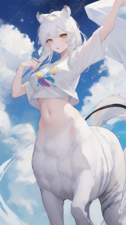 (best quality, masterpiece), 1 girl, centaur, It takes,White skin, belly button t-shirt, 아름다운 소녀 perfect white tiger photo, perfect white tiger photo