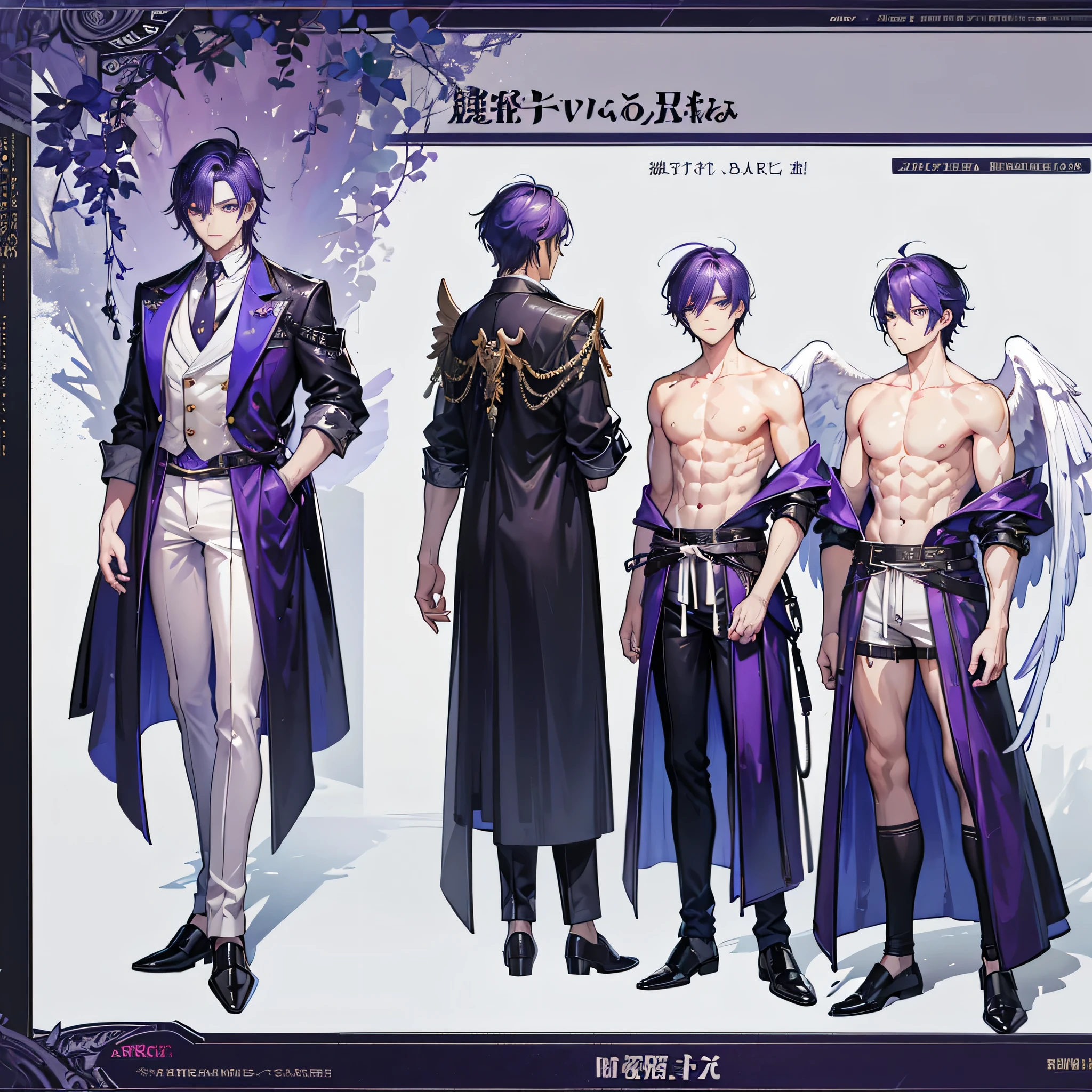 ((Masterpiece, Highest quality)), (Masterpiece, best quality), detailed, 1 Male, ((character concept art)), ((character design sheet, same character, front, side, back)),1 Male, 1 Man, Detailed face, character design sheet,full bodyesbian, Highly detailed, character sheet, character design, Many parts, dark skin, angel wings, short purple hair, angel outfit, masculine, muscle man, male muscle, manly male, manly man, male angel, manly angel, Muscle male with purple short hair,handsome man, male angel , man tall, abs, pectoral muscle