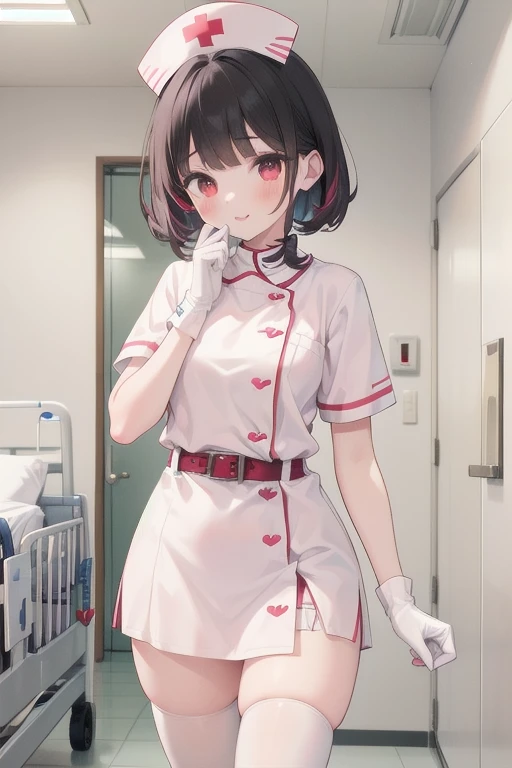 1girl, solo, nurse, nurse cap, white wear, ((white legwear, zettai ryouiki)), white gloves, pink hair, drooping eyes, ((covered nose)), standing, ((hospital room)), sharp outline, short sleeves, best quality, masterpiece,Fleshy,Red eyes,Fleshy,Black hair,happy,lol,Heart,belt