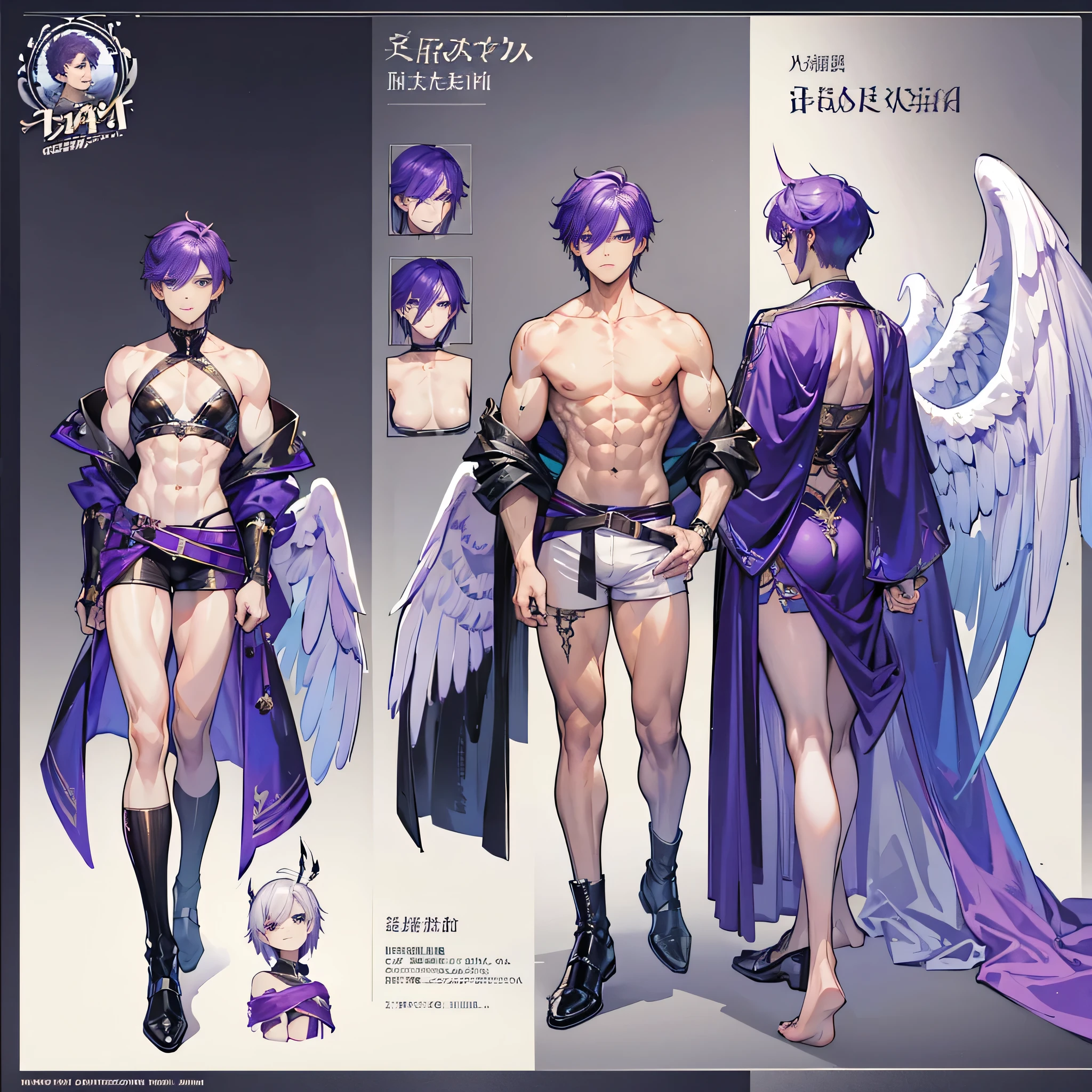 ((Masterpiece, Highest quality)), (Masterpiece, best quality), detailed, 1 Male, ((character concept art)), ((character design sheet, same character, front, side, back)),1 Male, 1 Man, Detailed face, character design sheet，full bodyesbian, Highly detailed, character sheet, character design, Many parts, dark skin, angel wings, short purple hair, angel outfit, masculine, muscle man, male muscle, manly male, manly man, male angel, manly angel, Muscle male with purple short hair，handsome man, male angel , man tall, abs, pectoral muscle