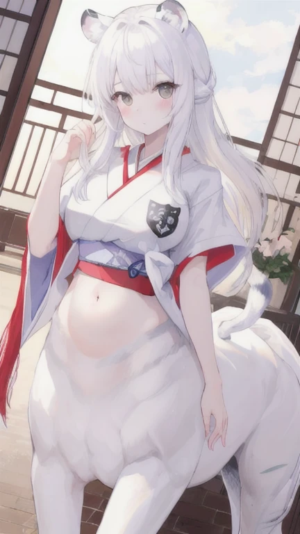 (best quality, masterpiece), 1 girl, centaur, It takes,White skin,Japanese , belly button t-shirt, 아름다운 소녀 perfect white tiger photo, perfect white tiger photo