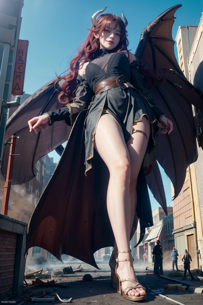 Aerial View,giant girl 50 feet high,Have a pair of ultra long legs,(stepping in the crowd),Possessing a pair of huge demon wings,With huge devil horns on his head,Princess,mini skirt,Has purple waist-length hair,loose hair,Wearing a pair of Mary Jane heels,red curly hair,A look of enjoyment,standing on a ruins,The city is full of blood stains,Beautiful appearance,Exquisite makeup,quality,8k,High quality,(governor:1.5),Perfect proportion, Cinema lighting,film grain,Fuji colors,8k,textured skin,Super details,high detail,high quality,high resolution,explode,fake smile,Black,blood stains,Blood stains on the soles of feet