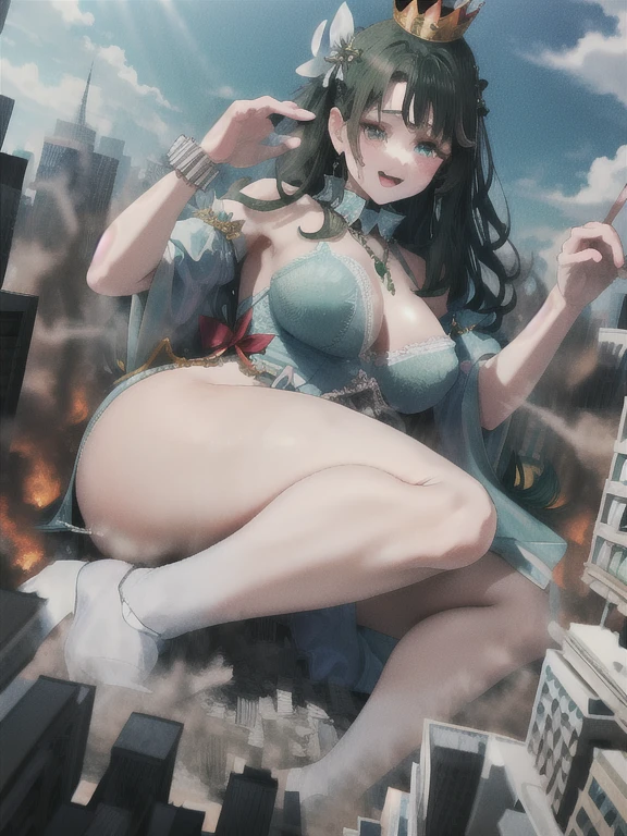 Perfect detail, Special details, highest quality, expensive全身の正確な描写,expensive, woman,A satisfied smile ,round face,Beauty,View Viewer, Green Hair, Long Hair, Side bang, Partially exposed forehead, Dark blue eyes, Mature Body, Perfect body, Large Breasts,Big Ass.Sweaty body,Open your mouth wide,, blush, Cleavage, Blue Dress,Gold Jewelry,Gold Bracelet,Gold Collar、 Luxurious crown,, White lace lingerie , necklace, Pursing your lips, A light smile, Drunk, expensiveディテール, Depth of written boundary, 1080p, 16k, Awards, High resolution, highest quality, masterpiece, 超High resolution, Anatomically correct, Super detailed,,Huge breasts、Realistic、Perfect bodyライン、aerial photograph、aerial photograph、Destroying the city with a smile、 (A giant girl bigger than a skyscraper destroys the city of Shibuya:1.5)、cute、cute、body fluid、Blue Dress、Chubby Lying on the ground Taking over the big city, breasts spilling out of the bra Put a building between your legs