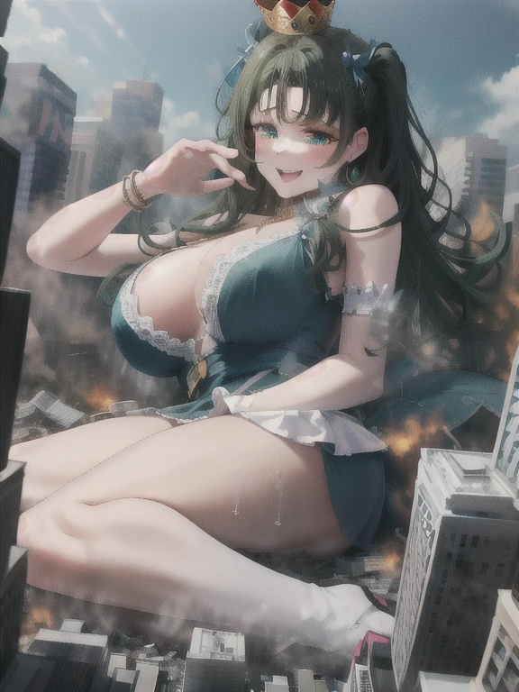 Perfect detail, Special details, highest quality, expensive全身の正確な描写,expensive, woman,A satisfied smile ,round face,Beauty,View Viewer, Green Hair, Long Hair, Side bang, Partially exposed forehead, Dark blue eyes, Mature Body, Perfect body, Large Breasts,Big Ass.Sweaty body,Open your mouth wide,, blush, Cleavage, Blue Dress,Gold Jewelry,Gold Bracelet,Gold Collar、 Luxurious crown,, White lace lingerie , necklace, Pursing your lips, A light smile, Drunk, expensiveディテール, Depth of written boundary, 1080p, 16k, Awards, High resolution, highest quality, masterpiece, 超High resolution, Anatomically correct, Super detailed,,Huge breasts、Realistic、Perfect bodyライン、aerial photograph、aerial photograph、Destroying the city with a smile、 (A giant girl bigger than a skyscraper destroys the city of Shibuya:1.5)、cute、cute、body fluid、Blue Dress、Chubby　Lying on the ground　Taking over the big city, breasts spilling out of the bra　Put a building between your legs