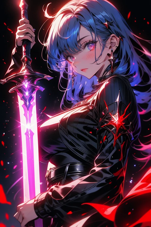 1girl,solo,cool,blue hair,holding a sword,around darkness,shining eye,red eye,knight,dress