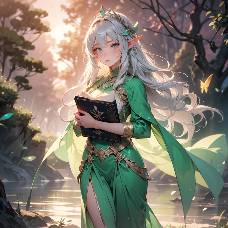 Create a stunning artwork of a majestic elf girl standing in a beautiful, serene landscape. The elf girl should have long, flowing hair, pointed ears, and elegant, ethereal features. She wears a flowing gown adorned with intricate patterns that complement her graceful appearance.
Details for the elf girl:
Long, wavy silver or golden hair.
Deep, expressive eyes (colors like emerald green or sapphire blue).
A delicate tiara or circlet on her head, embellished with small gemstones.
Ears should be pointed, characteristic of elves.
Her gown should be elegant and detailed, possibly in shades of white, blue, or forest green, with floral or celestial motifs.
She could be holding a staff or an ancient book, adding a touch of mystique.
Details for the scenery:
A magical forest with towering, ancient trees and luminescent flora.
A sparkling river or a serene lake reflecting the soft glow of the setting sun or moonlight.
Rolling hills or mountains in the background, covered with lush greenery.
A sky filled with a mesmerizing blend of colors from a sunset or a starry night.
Elements like ethereal lights, floating petals, or mystical creatures like butterflies or fireflies to enhance the magical atmosphere.