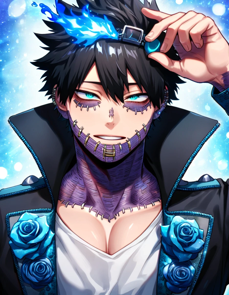 absurdres, highres, ultra detailed, HDR, master piece, best quality, Dabi, black hair spiked around his head, expressive turquoise eyes, Boku no hero academia, solo, sexy man, handsome, magical, fantasy, black coat with high collar, white shirt, blue flames background, blue roses, shining, blue petals, blue glittering fireflies, blue fire