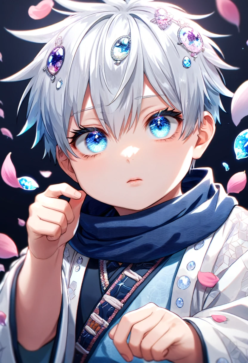 Ultra detailed, Highres, absurdres, HDR, Gojo Satoru as a little boy, white hair with bangs, white eyelashes, hair between the eyes, expressive blue eyes, white haori with patterns, light blue kimono, Jujutsu Kaisen, petals, cute, little boy, solo, very detailed eyes and face, master piece, glittering, fantasy, summer, village, master piece, best quality,