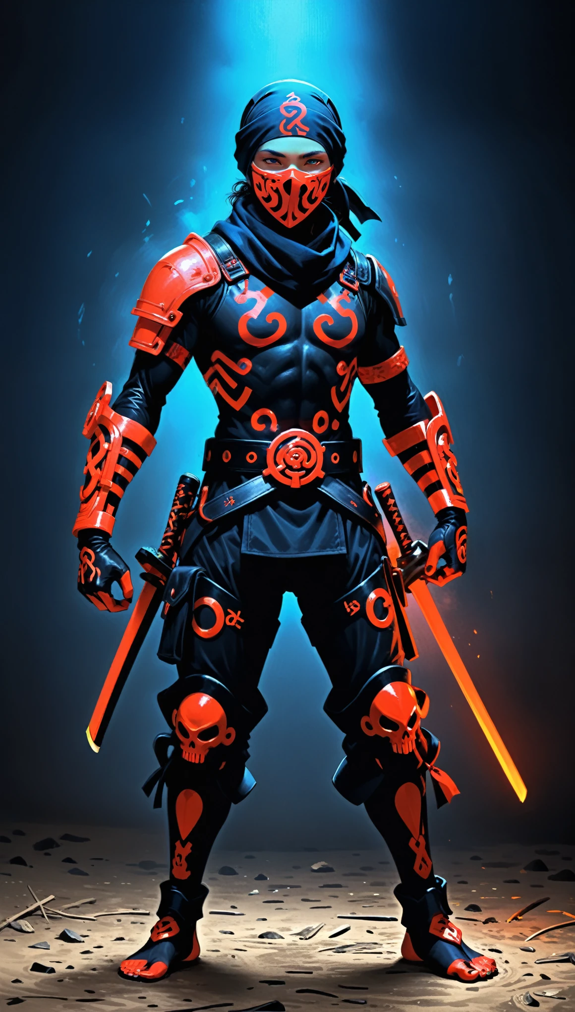 (in style of A. R. Penck:1.3),
1girl,(cowboy_shot:1.3),old japanese ninja,
(wrap in a headscarf:1.4),Face Mask: glowing fluorescence bule,Ninja Suit: Dark Navy Blue and Black,Jacket: Black,Pants: Black,Belt: Black or Dark Gray,Leg Wraps: Black,Scarf: dark red,Wrist Guards: Black,Gloves: Black,Straw Sandals: Natural Straw Color or Black,Split-Toe Socks: Black,Shoulder Guards: Black,
(insanely detailed and intricate, hypermaximalist, elegant, ornate, hyper realistic, super detailed:1.1),(dynamic pose:1.3),fighting,