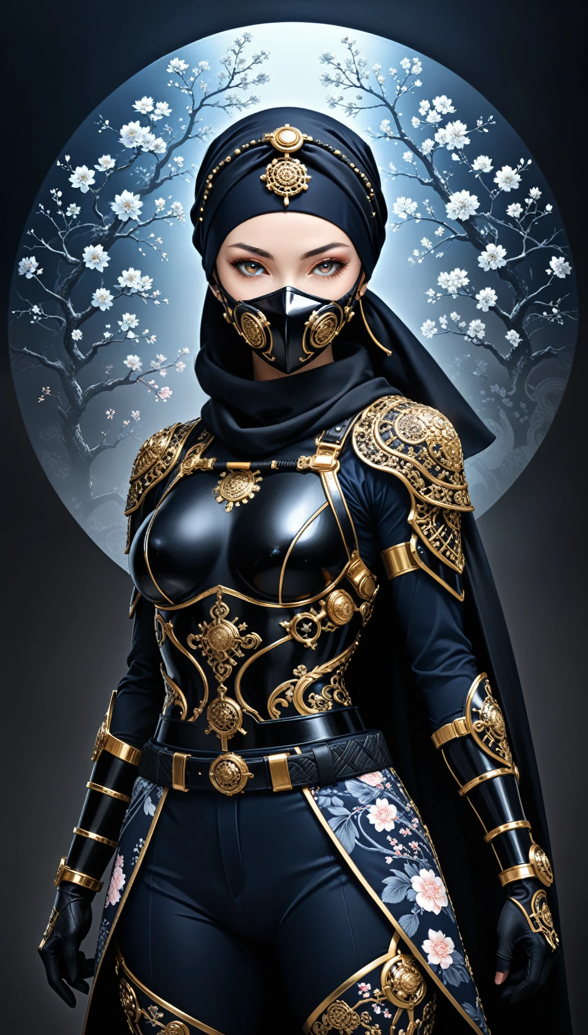 (in style of Nick Veasey:1.4),in style of Karol Bak,
1girl,(cowboy_shot:1.3),old japanese ninja,ring background composition,minimalist cherry blossom badge pattern background,
(wrap in a headscarf:1.4),Face Mask: glowing fluorescence bule,Ninja Suit: Dark Navy Blue and Black,Jacket: Black,Pants: Black,Belt: Black or Dark Gray,Leg Wraps: Black,Scarf: dark red,Wrist Guards: Black,Gloves: Black,Straw Sandals: Natural Straw Color or Black,Split-Toe Socks: Black,Shoulder Guards: Black,
(insanely detailed and intricate, hypermaximalist, elegant, ornate, hyper realistic, super detailed:1.1),(dynamic pose:1.3),fighting,