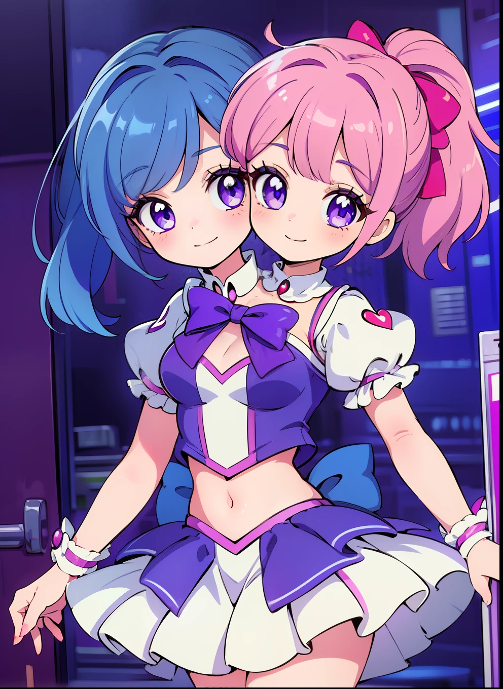 best quality, (masterpiece),(ultra-detailed), (high quality), (high resolution), (2heads:1.5) 1girl, (pink hair), (blue hair), ((different hair colors), purple eyes, hair ornaments, magenta armor chest piece, same hair color, teenage girl, ((violet magical girl)), magical girl, gentle smile, high school background, ((high ponytail)), white collar, midriff revealing top, ((high school background))