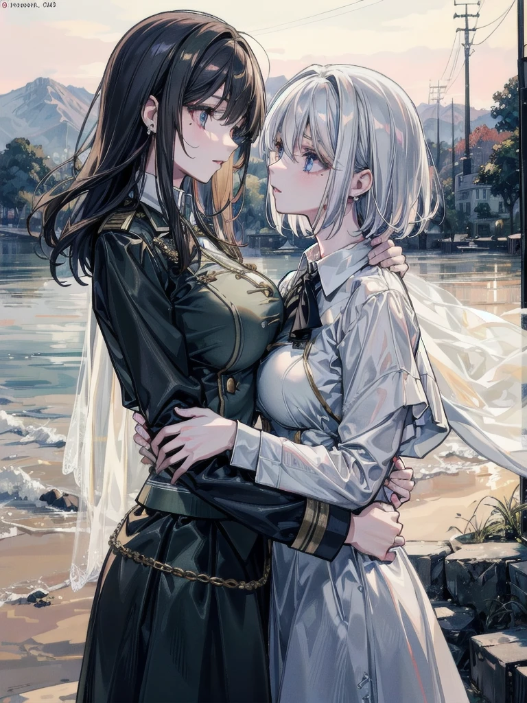 absurdres, RAW photo, extremely delicate and beautiful, masterpiece, Best Quality, ultra high resolution, 32k, hyperrealistic, ultra-detailed, detailed description, perfect anatomy, pale skin, 20 years old, detailed beautiful face and eyes, tearful mole, earring, short medium hair, wavy hair, whole body shot, colossal tits, ((yuri)), (((2 girls))), ((military uniform)), outdoors,