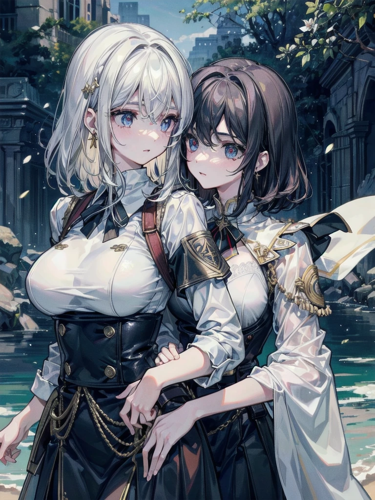 absurdres, RAW photo, extremely delicate and beautiful, masterpiece, Best Quality, ultra high resolution, 32k, hyperrealistic, ultra-detailed, detailed description, perfect anatomy, pale skin, 20 years old, detailed beautiful face and eyes, tearful mole, earring, short medium hair, wavy hair, whole body shot, colossal tits, ((yuri)), (((2 girls))), ((military uniform)), outdoors,