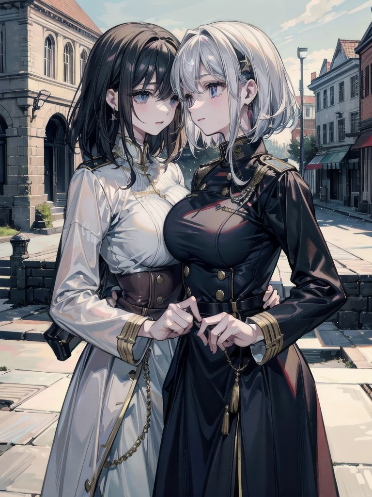 absurdres, RAW photo, extremely delicate and beautiful, masterpiece, Best Quality, ultra high resolution, 32k, hyperrealistic, ultra-detailed, detailed description, perfect anatomy, pale skin, 20 years old, detailed beautiful face and eyes, tearful mole, earring, short medium hair, wavy hair, whole body shot, colossal tits, ((yuri)), (((2 girls))), ((military uniform)), outdoors,