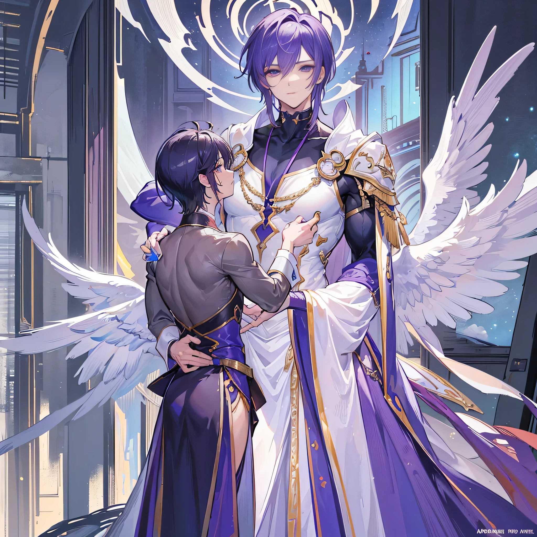 ((Masterpiece, Highest quality)), (Masterpiece, best quality), detailed, 1 Male, ((character concept art)), ((character design sheet, same character, front, side, back)),1 Male, 1 Man, Detailed face, character design sheet,full bodyesbian, Highly detailed, character sheet, character design, Many parts, dark skin, angel wings, short purple hair, angel outfit, masculine, muscle man, male muscle, manly male, manly man, male angel, manly angel, Muscle male with purple short hair,handsome man, male angel , man tall,
